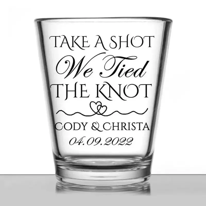 1.75 oz Custom Clear Shot Glass – ‘We Tied the Knot’ Two-Heart Illustration, 12-Pack