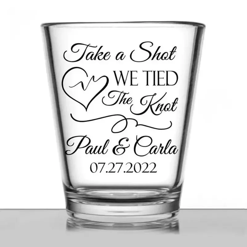 1.75 oz Personalized Clear Shot Glass – ‘We Tied the Knot’ Scribble Heart Theme, 12-Pack