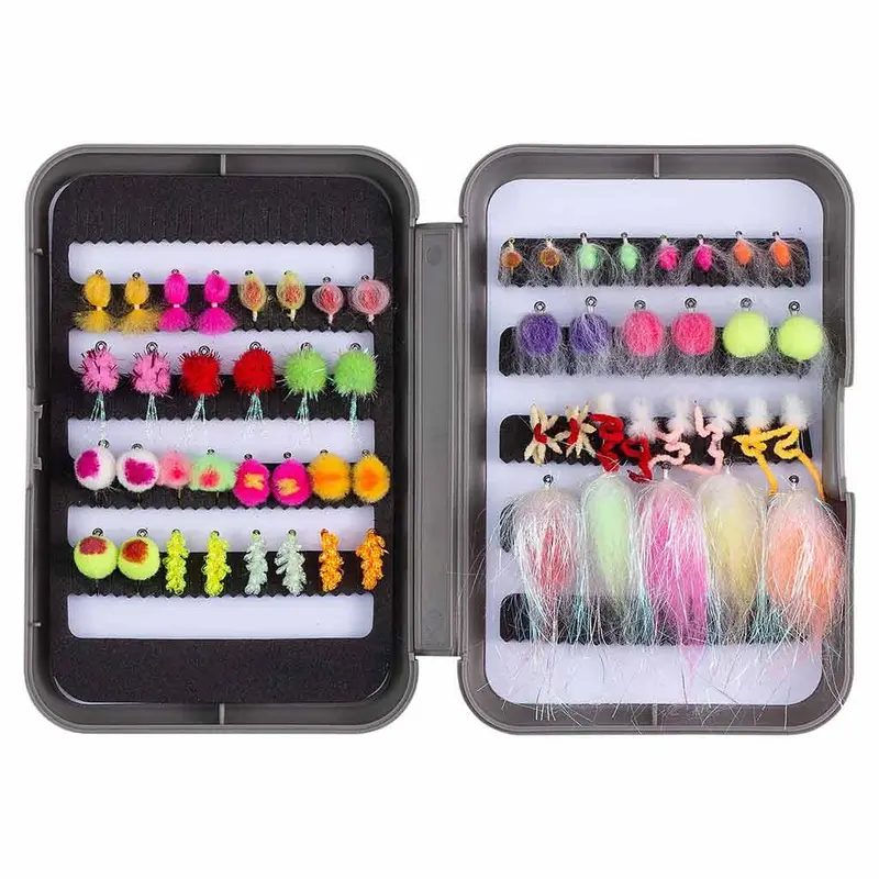 57-Piece Trout-Specific Fly Lure Collection with Protective Fly Box