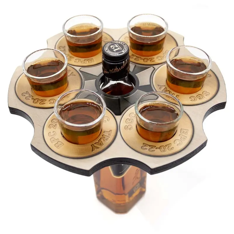 6-Shot Revolver-Style Wooden Shot Glass Caddy & Bottle Topper
