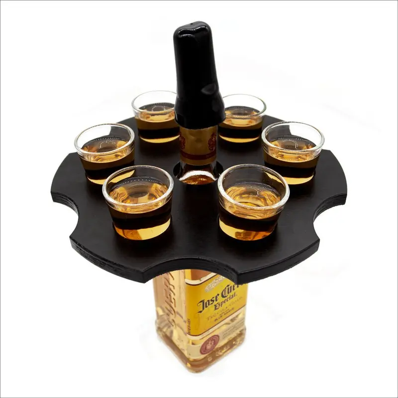 6-Shot Wood Caddy Tray with Bottle Topper – Black or Natural Stain