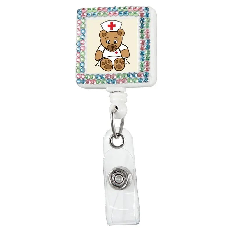 Adorable Nurse Bear Crystal Accent Badge Reel – Square Shape