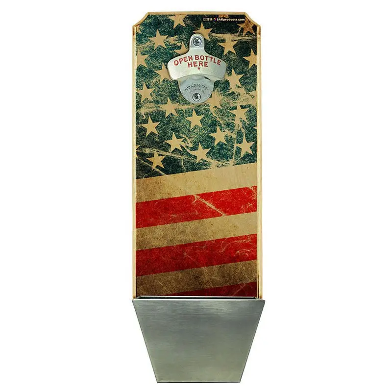 American Flag Wall-Mounted Bottle Opener – Wood Plaque with Cap Catcher