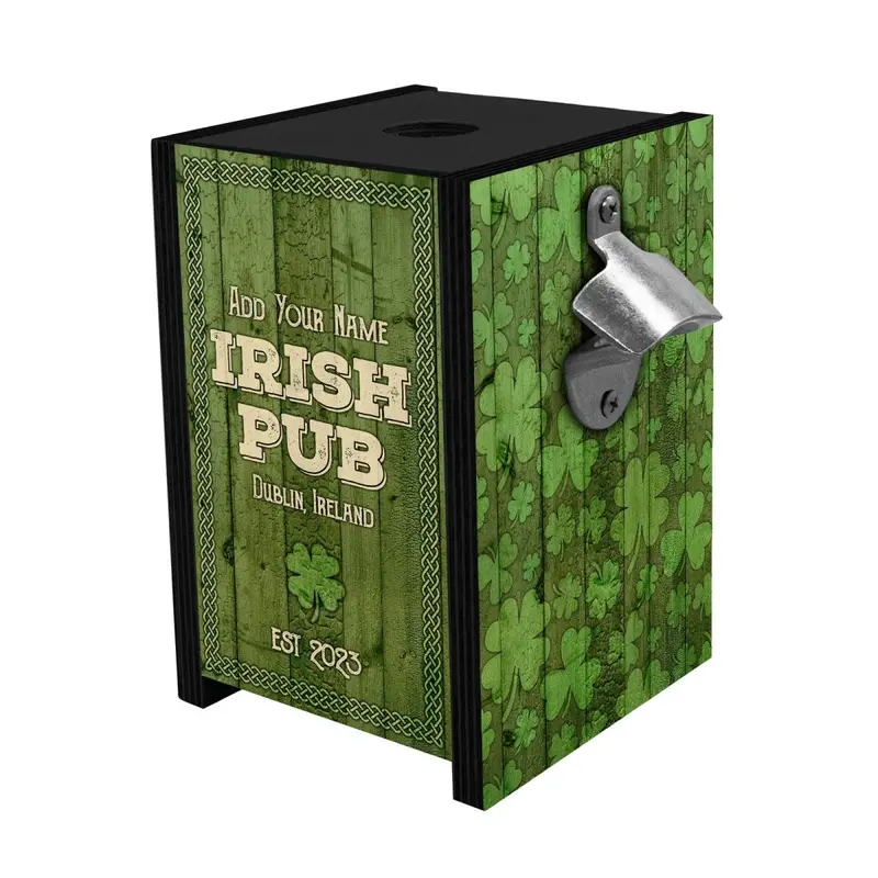 Black-Stained Bottle Cap Holder Box with Opener – Irish Pub Customization