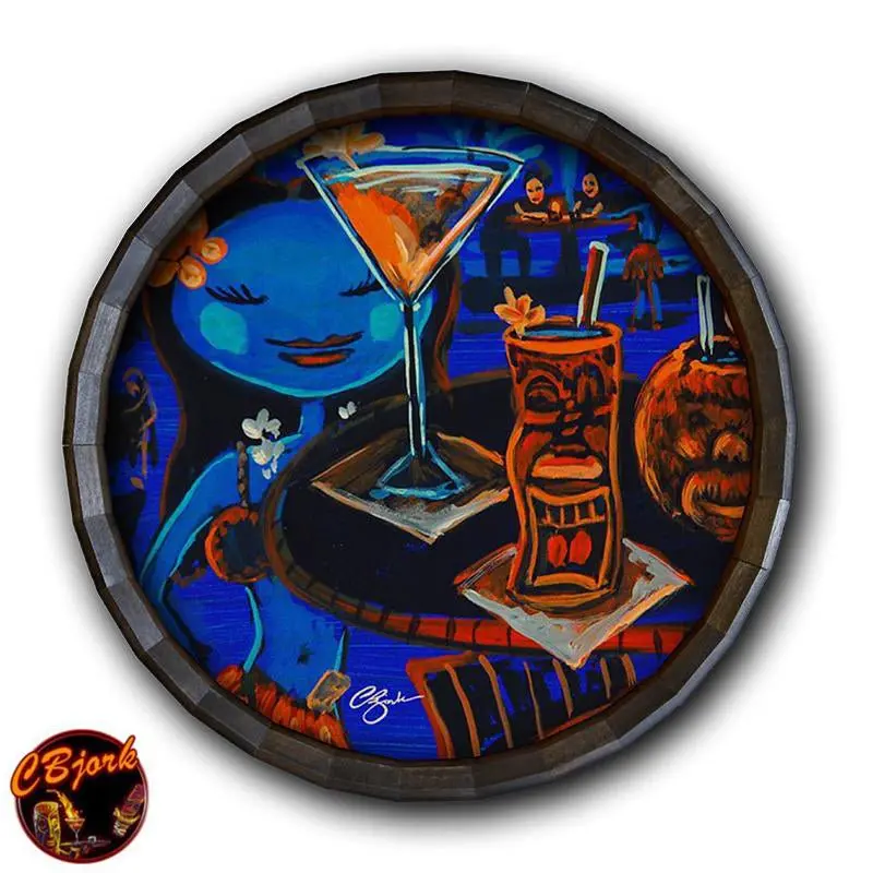 Blue Hula Motif Wooden Barrel Top Clock and Bar Accent
