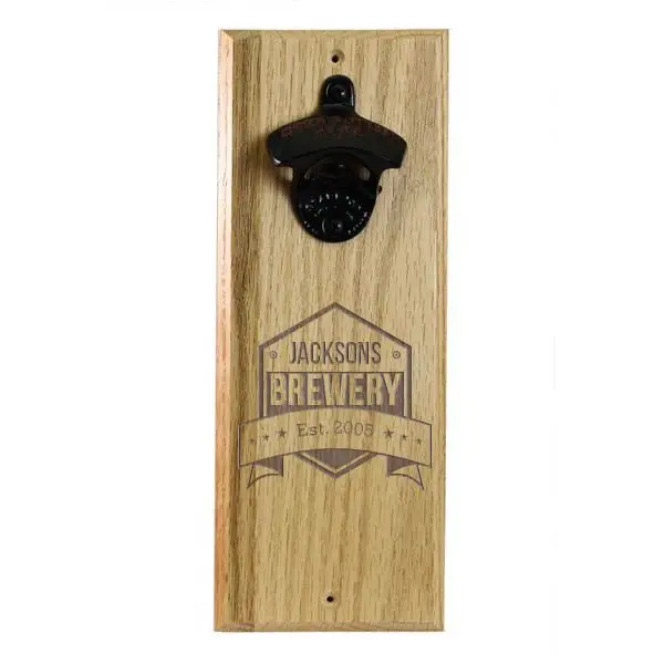 Brewery-Style Engraved Wooden Wall Bottle Opener with Magnetic Cap Holder