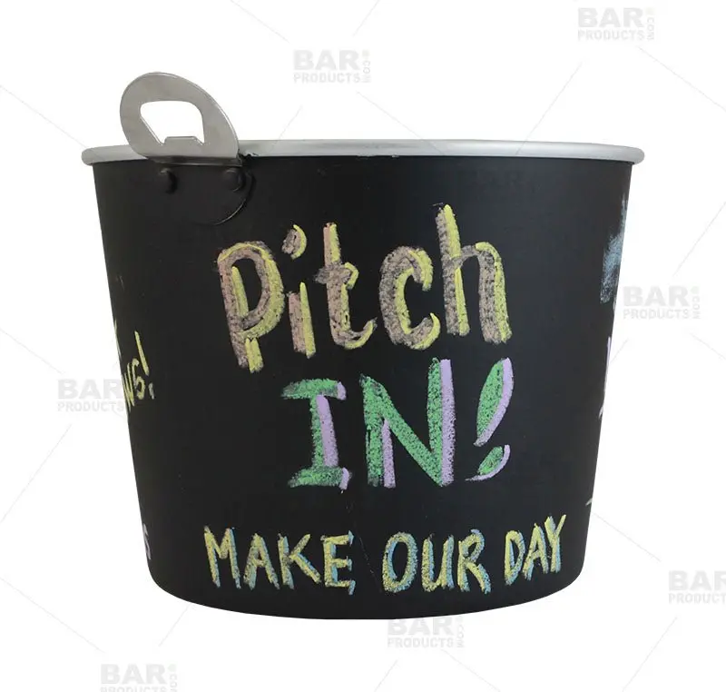 Chalkboard-Style Tip Bucket Featuring Integrated Bottle Opener