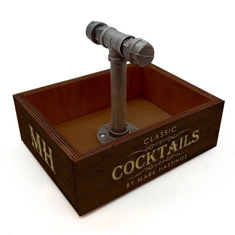 Classic Cocktails-Themed Box Caddy with Industrial Pipe Handle