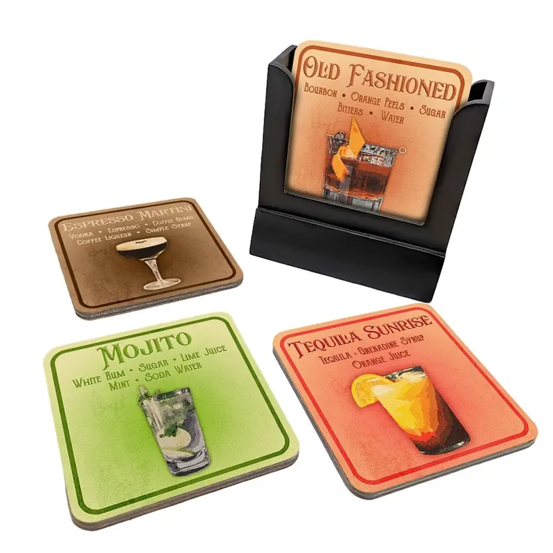 Cocktail-Inspired Wooden Coasters – 4-Pack with Holder