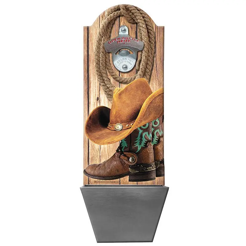 Cowboy Boots Wall-Mounted Wooden Bottle Opener with Cap Catcher