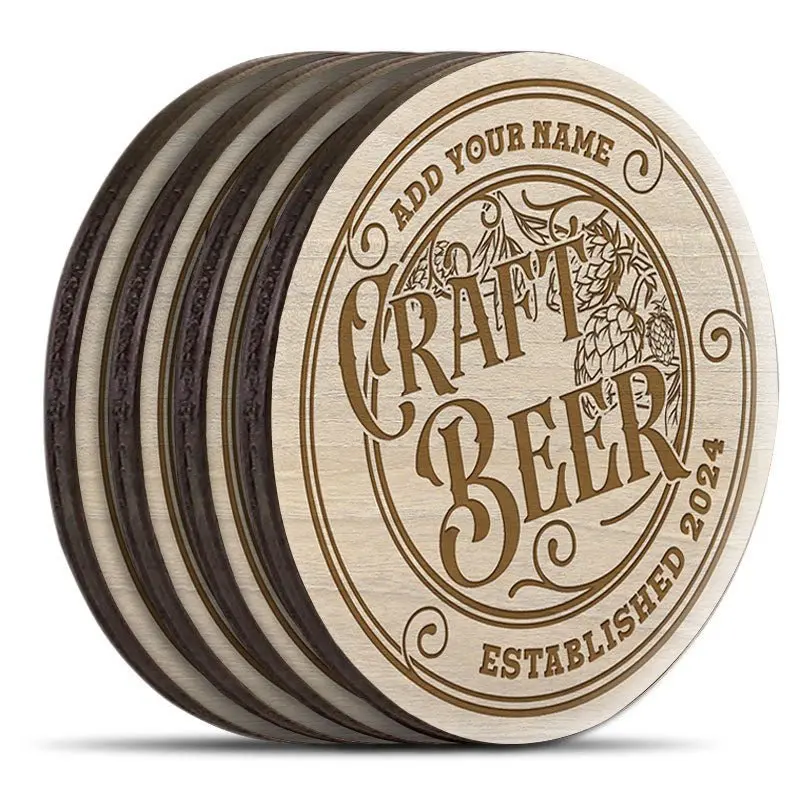 Craft Beer Engraved Wooden Coasters – Round, Customizable Set of 4