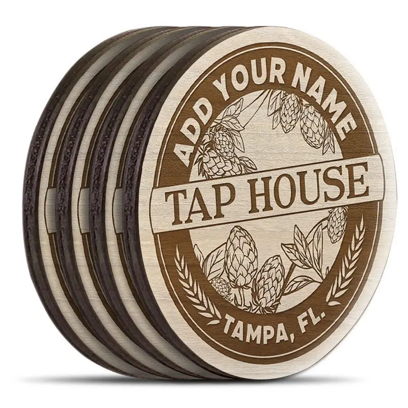 Custom Engraved Wooden Tap House Coasters – Round Set of 4