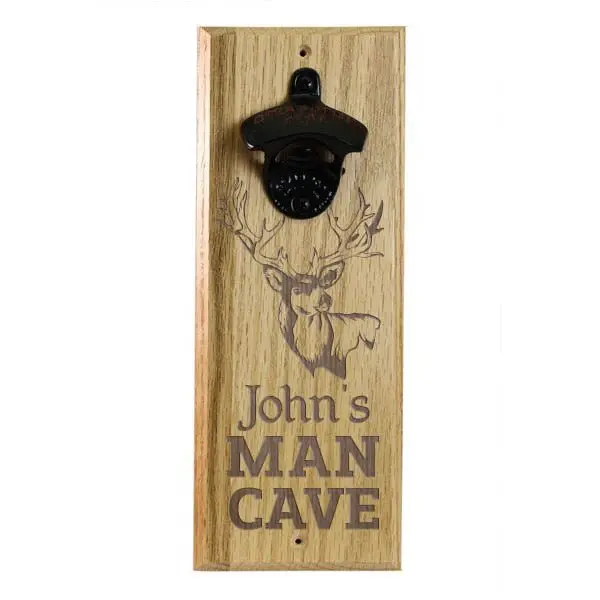 Custom Man Cave Wooden Wall Bottle Opener with Built-in Magnetic Cap Collector