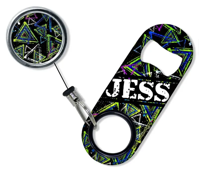 Custom Mini Bottle Opener with Retractable Reel – Abstract Triangle Pattern