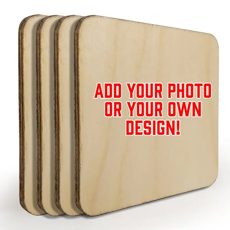 Custom Square Wooden Coasters – Upload Your Image, Set of 4 with Matching Caddy