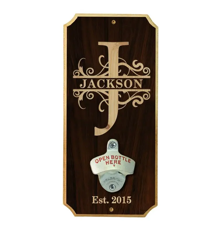 Custom Wall-Mounted Wooden Bottle Opener – Engraved Monogram Plaque
