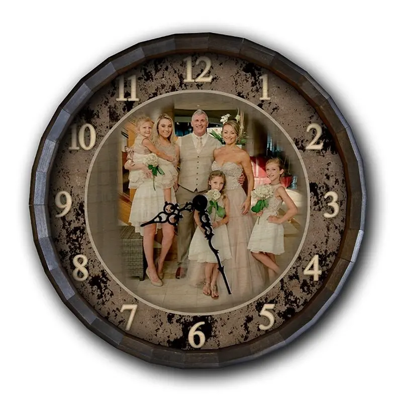 Custom Wood Barrel Top Wall Clock – Family Photo Display Option