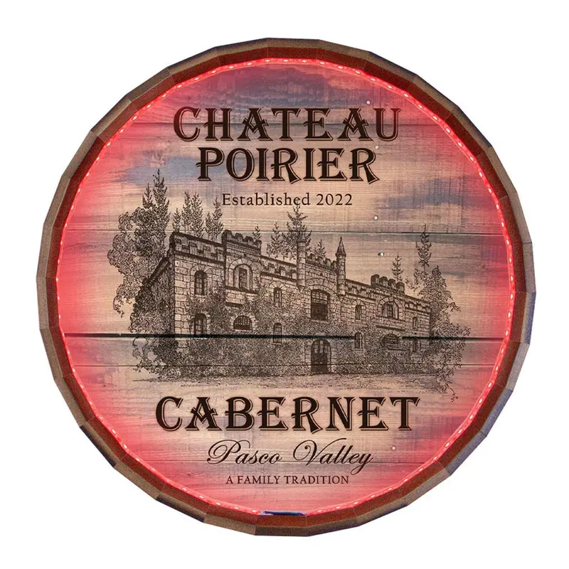 Custom Wooden Barrel Top LED Sign with Chateau-Inspired Design