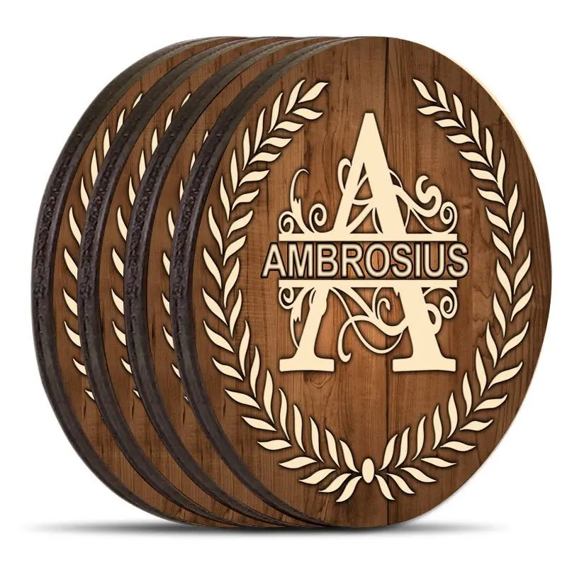 Dark-Wood Round Coasters – Botanical Leaf Motif, Set of 4