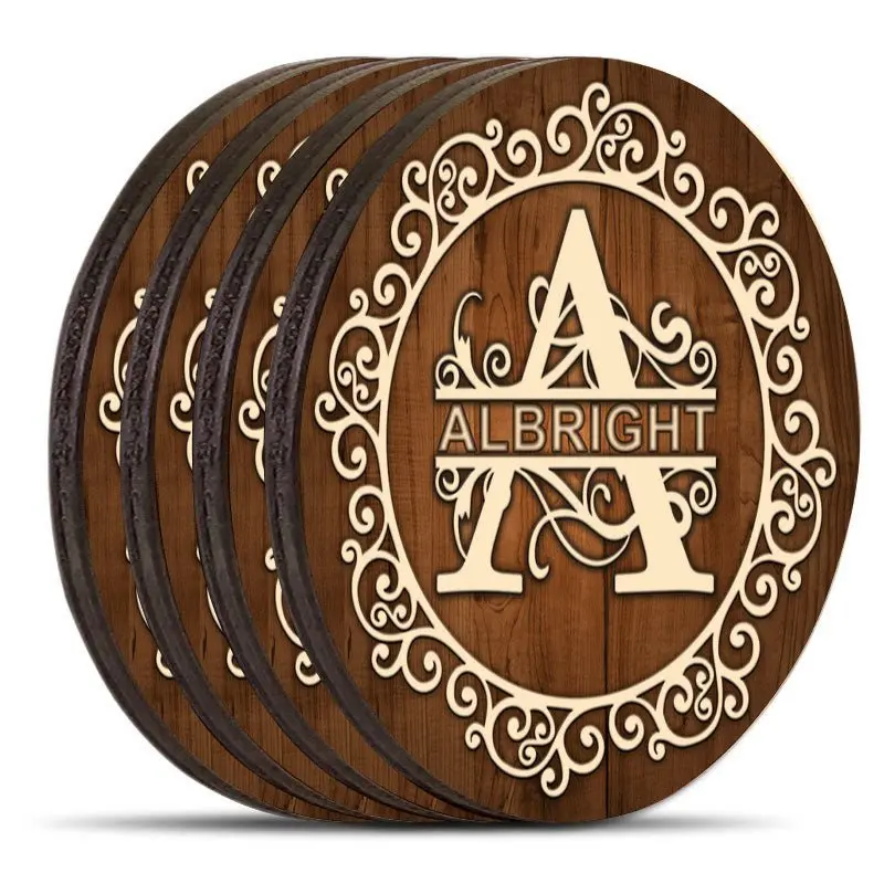 Dark-Wood Round Coasters – Ornamental Custom Pattern, Set of 4