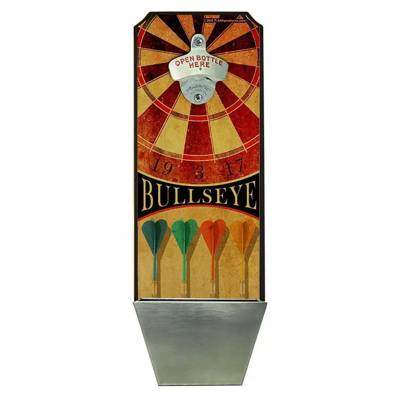 Darts-Themed Wall Bottle Opener – Decorative Wood Plaque with Catcher