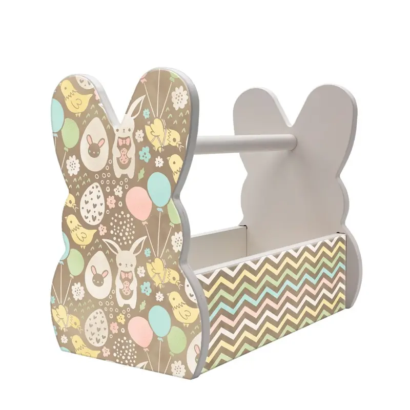 Easter Pattern Wooden Bunny Basket – Two-Tone Design with Holiday Motifs