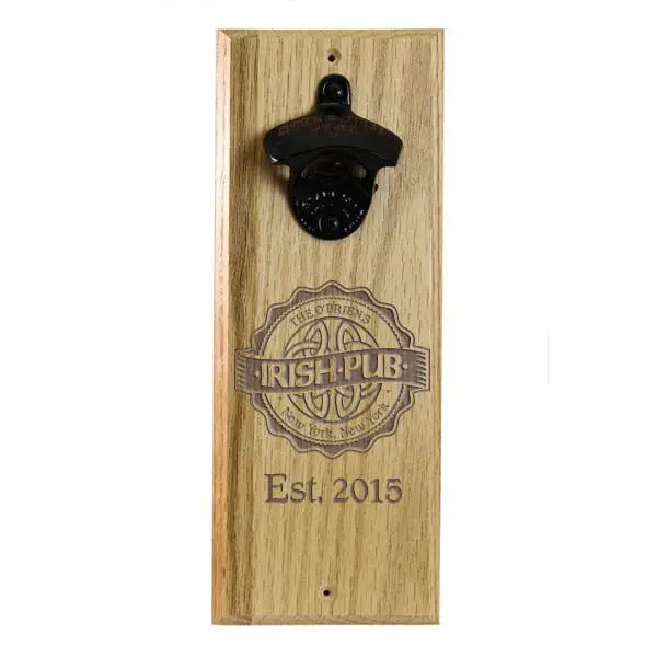 Engraved Irish Pub-Themed Wooden Wall Bottle Opener with Magnetic Cap Catcher