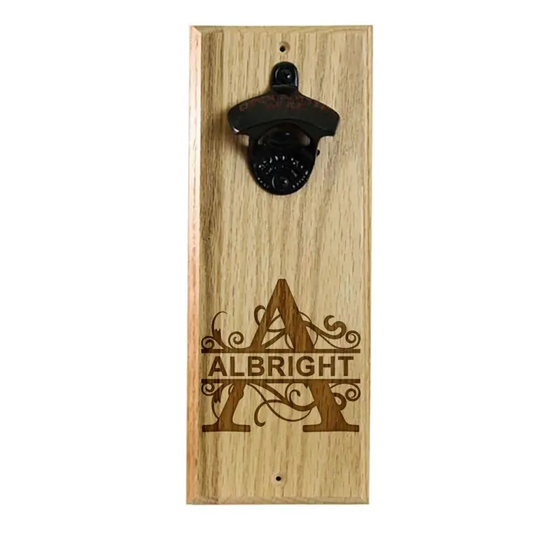Engraved Wooden Wall Bottle Opener with Magnetic Cap Catcher – Monogrammed Elegance
