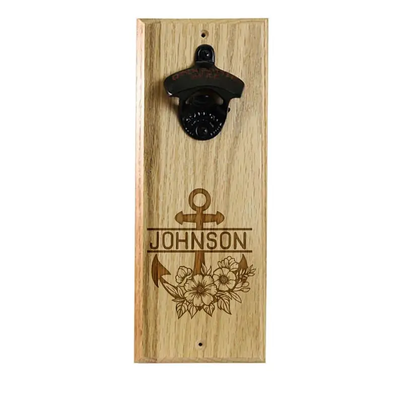 Engraved Wooden Wall Bottle Opener with Magnetic Cap Catcher – Nautical Anchor Theme
