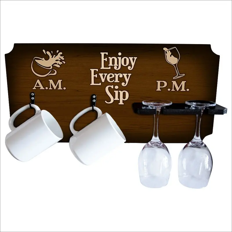 “Enjoy Every Sip” Coffee Mug & Wine Glass Holder – Minimalist Wooden Organizer