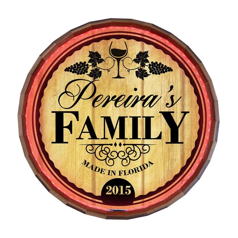 Family-Focused LED Barrel Top Sign – Warm, Customizable Wood Bar Art