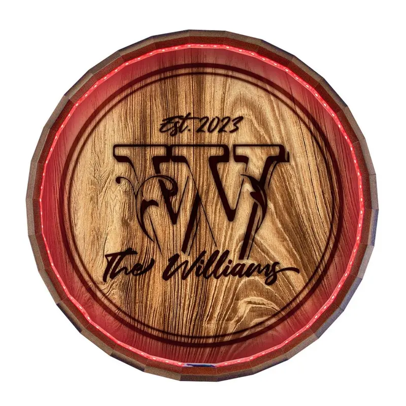 Family Monogram LED Barrel Top Sign – Custom Initials on Reclaimed Wood