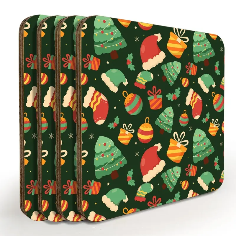 Festive Holiday-Themed Wooden Coasters – 4-Piece Set with Caddy & Color-Choice Options