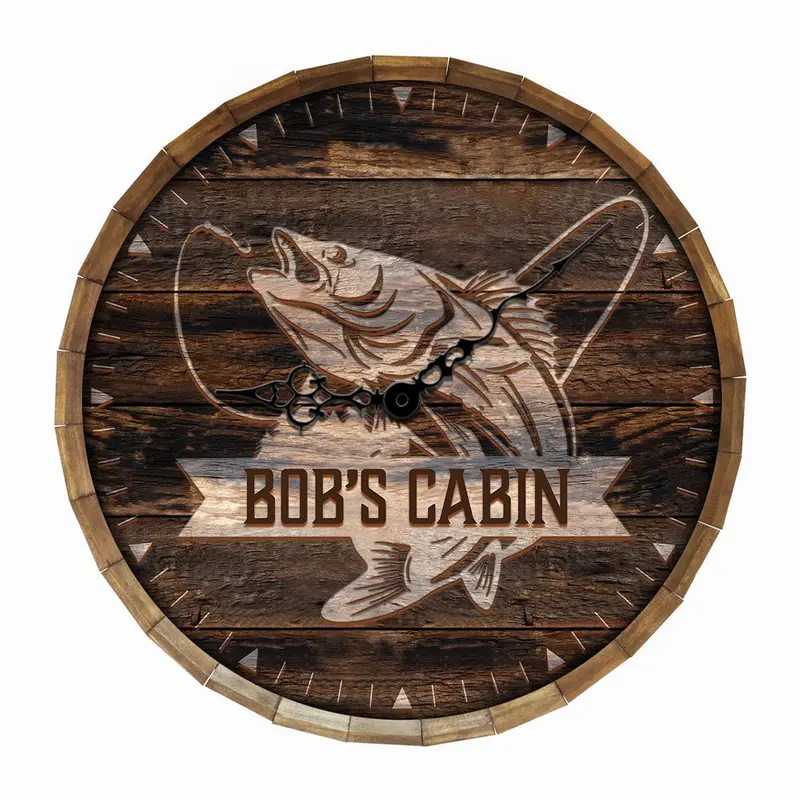 Fishing-Themed Wooden Clock – Personalized Dimensions & Stain Options