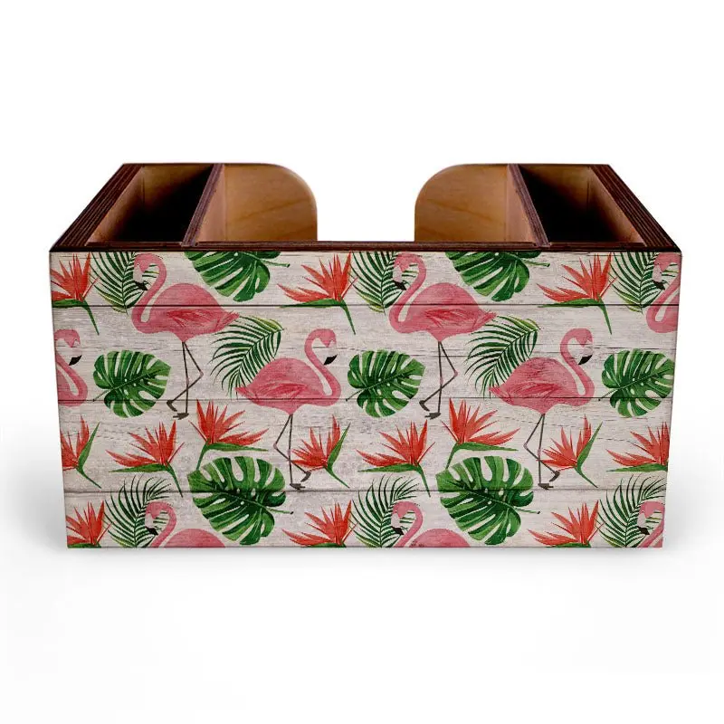Flamingo-Print Wooden Bar Caddy – Stylish Drink Station Organizer