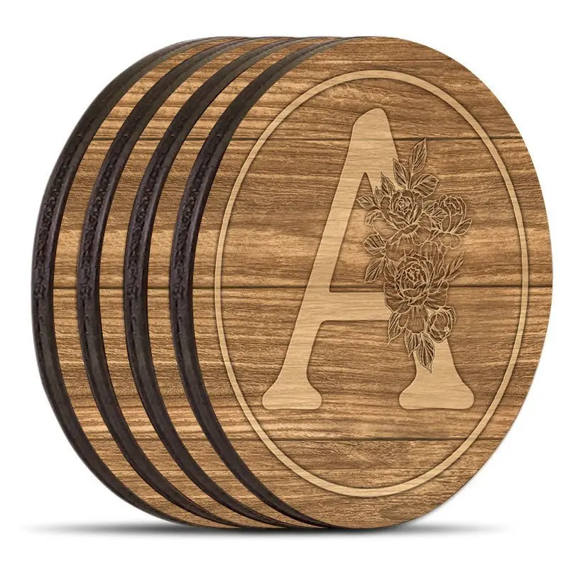 Floral Monogram Round Wooden Coasters – Personalized Set of 4 with Caddy