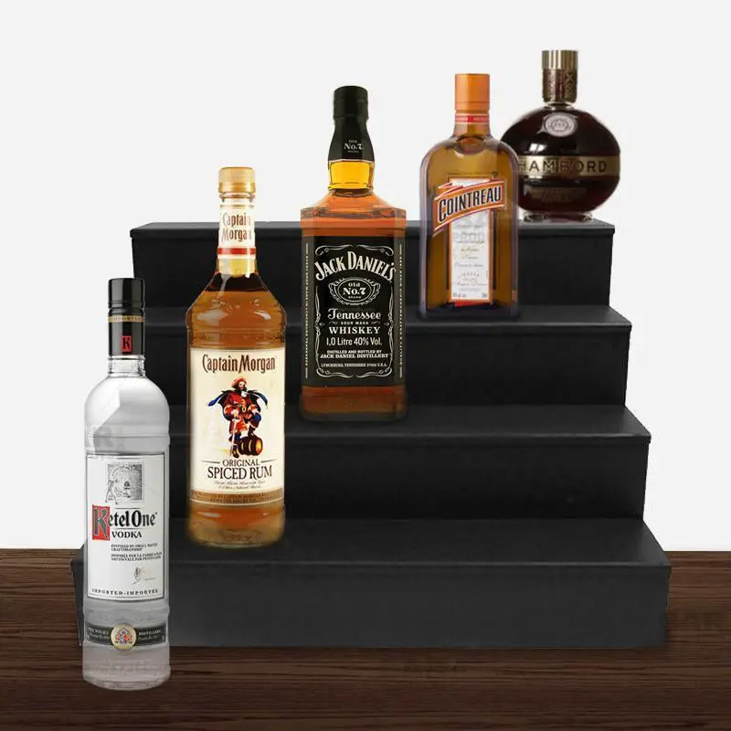 Four-Tier Black Wooden Liquor Shelf – Elegant Bar Display