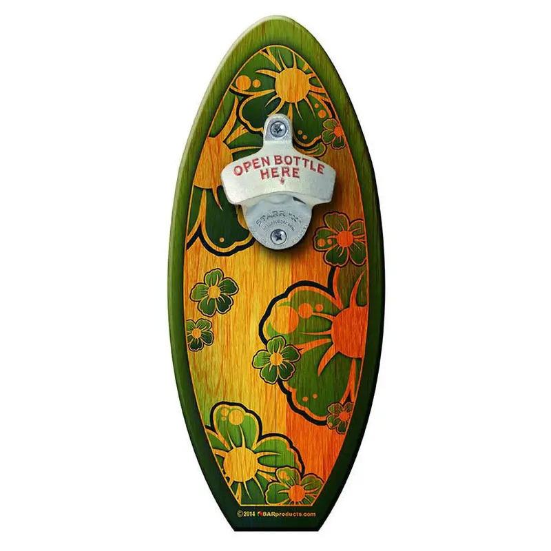 Green Hibiscus Wooden Bottle Opener – Tropical Surfboard Wall Mount