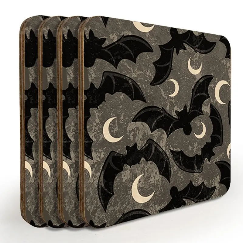 Halloween Bat Wooden Coasters – Set of 4 with Storage Caddy
