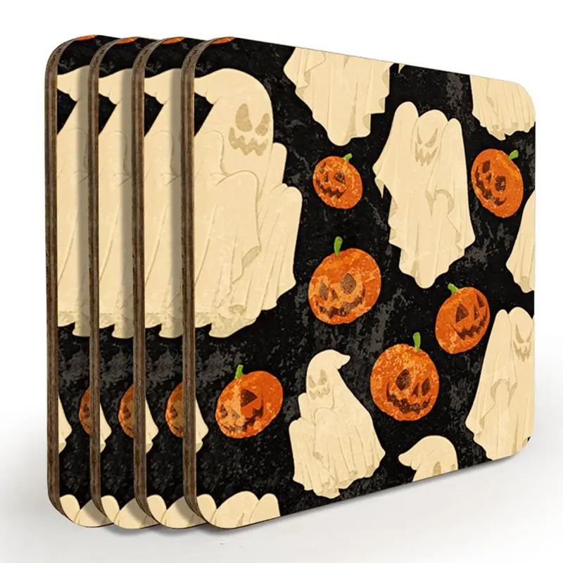 Halloween Ghost-Themed Wooden Coasters – 4-Piece Set with Caddy