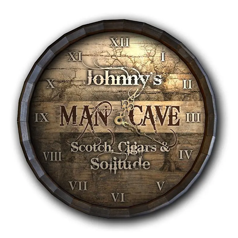 Handcrafted Wood Barrel Top Wall Clock for Man Caves – Rustic Scotch & Cigar Theme