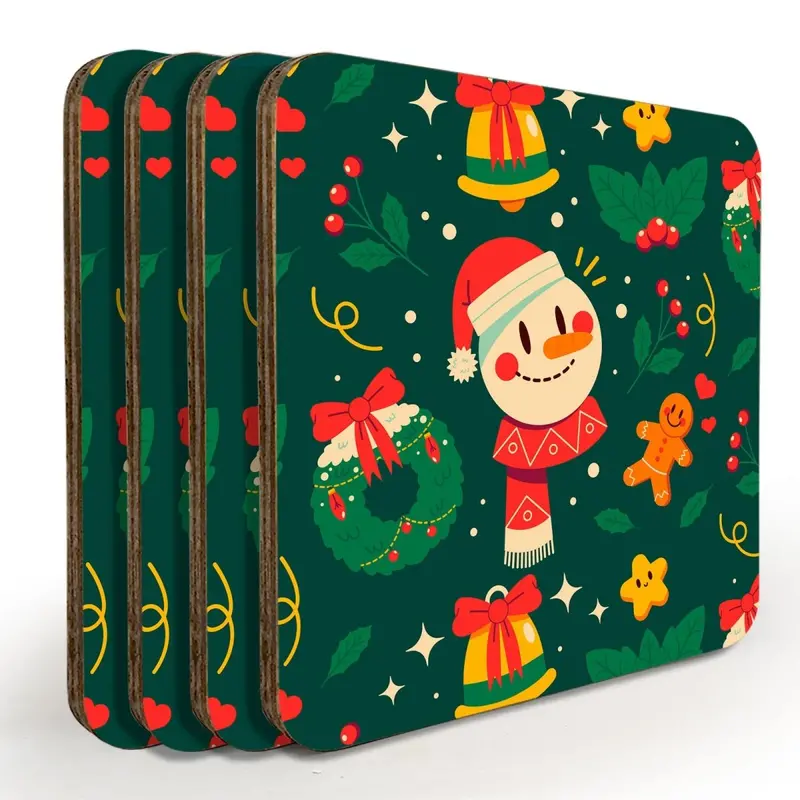 Handcrafted Wooden Snowman Coasters – Set of 4 with Matching Display Caddy