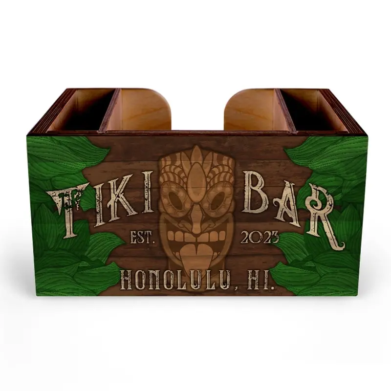 Handcrafted Wooden Tiki Bar Caddy with Tropical Leaf Motif