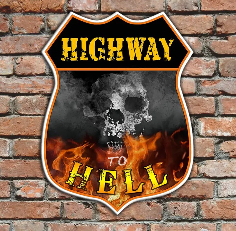 ‘Highway to Hell’ Wood Shield Plaque – Optional Personalization, Rock-Inspired Design
