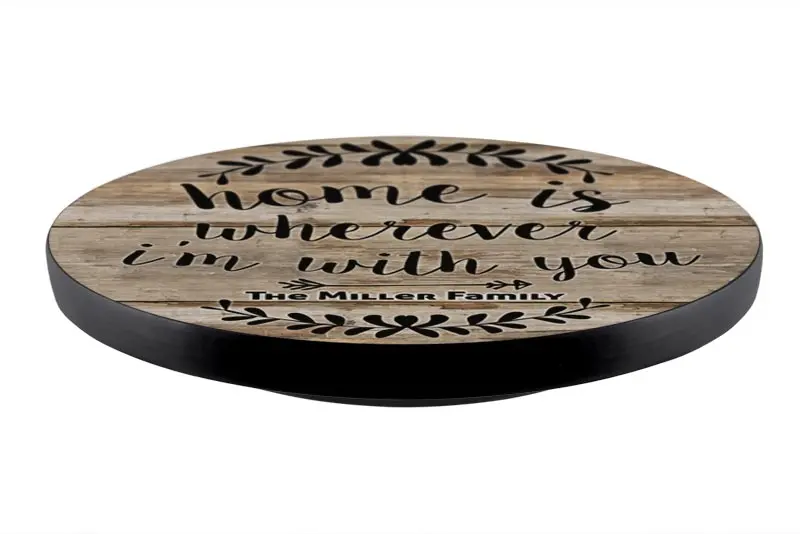 Home-Themed Personalized Lazy Susan – Engraved Wooden Turntable, 3 Dimensions, Artisanal