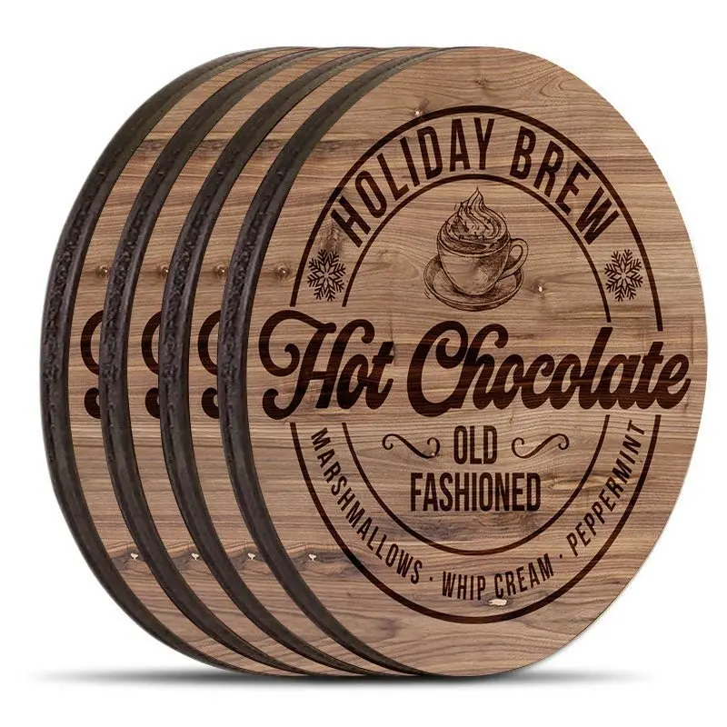 Hot Chocolate-Themed Round Wooden Coasters – Festive Set of 4