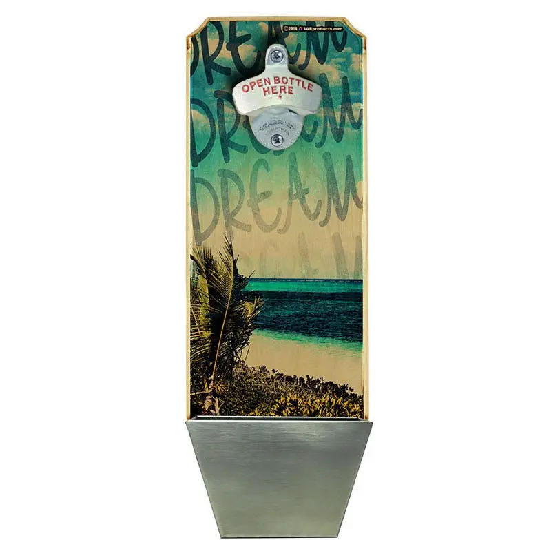 Island Dreams Wall-Mounted Bottle Opener with Cap Catcher – Wooden Plaque Design