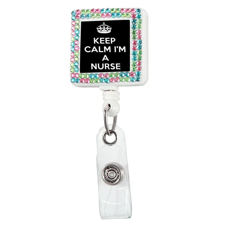 ‘Keep Calm Nurse’ Crystal-Embellished Square Badge Reel