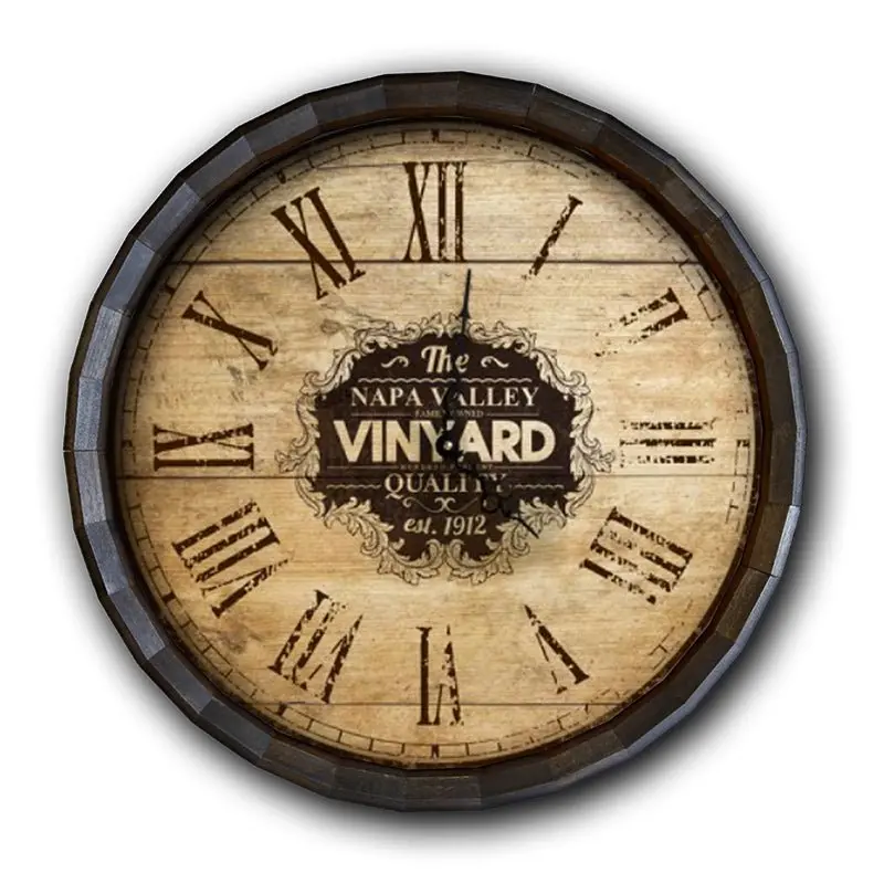 Large Roman Numeral Barrel Clock – Vineyard-Themed Wooden Wall Clock