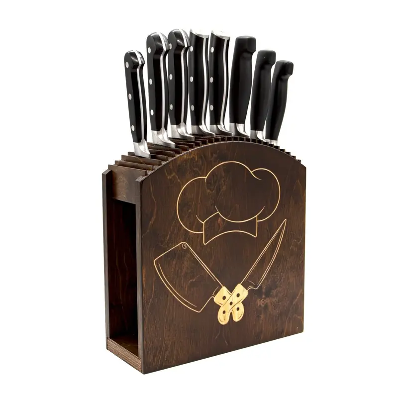 Laser-Engraved Dark Walnut Knife Block – Chef Hat Motif Bar Accessory (USA)